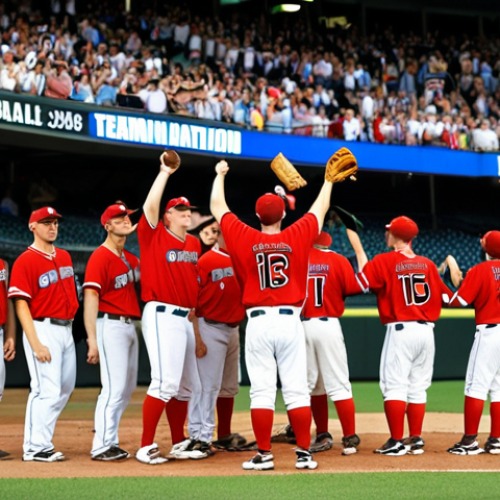Home 11 **David vs. Goliath Baseball:** A dynamic action shot of a small, scrappy baseball team (uniforms representing a lesser-known baseball nation) triumphantly celebrating a win against a much larger, imposing team (uniforms representing a baseball powerhouse) in a packed stadium. Focus on the underdog team's joyous expressions and the shocked faces of the favored team. Include elements that suggest international competition, such as flags and diverse fans.