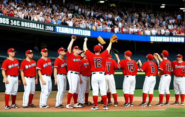 **David vs. Goliath Baseball:** A dynamic action shot of a small, scrappy baseball team (uniforms representing a lesser-known baseball nation) triumphantly celebrating a win against a much larger, imposing team (uniforms representing a baseball powerhouse) in a packed stadium. Focus on the underdog team's joyous expressions and the shocked faces of the favored team. Include elements that suggest international competition, such as flags and diverse fans.
