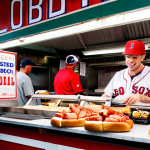 A vibrant food stall at Fenway Park, Boston, showcasing a delicious lobster roll with perfectly toasted bread and fresh lobster meat. Fans in Red Sox gear are lined up, eager to purchase this New England delicacy.