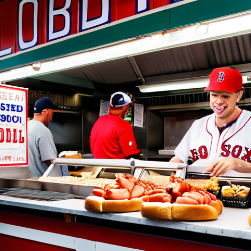 Home 6 A vibrant food stall at Fenway Park, Boston, showcasing a delicious lobster roll with perfectly toasted bread and fresh lobster meat. Fans in Red Sox gear are lined up, eager to purchase this New England delicacy.