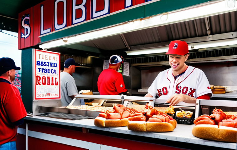 A vibrant food stall at Fenway Park, Boston, showcasing a delicious lobster roll with perfectly toasted bread and fresh lobster meat. Fans in Red Sox gear are lined up, eager to purchase this New England delicacy.