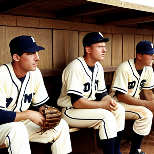 Home 24 **Image Prompt:** A vintage-style baseball dugout scene. Focus on the faces of lesser-known players, grimy uniforms, and worn equipment. Soft, nostalgic lighting, reminiscent of old photographs. Add a sense of determination and hardship to the overall image.