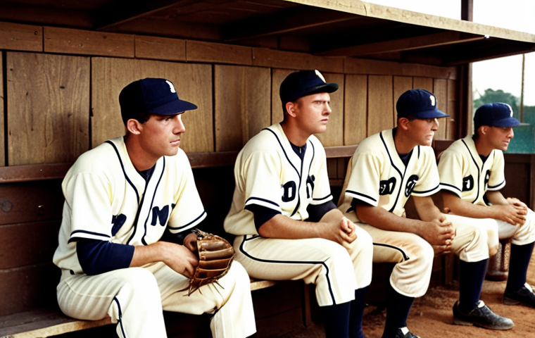**Image Prompt:** A vintage-style baseball dugout scene. Focus on the faces of lesser-known players, grimy uniforms, and worn equipment. Soft, nostalgic lighting, reminiscent of old photographs. Add a sense of determination and hardship to the overall image.