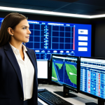 A professional male business executive and a female data analyst, both in modest business suits and professional attire, standing in a sophisticated broadcast control room for a major sports league. Large, high-definition screens behind them display complex baseball analytics, real-time game data, and financial charts. The environment is sleek and modern, illuminated by soft, strategic lighting that emphasizes a focused and high-tech atmosphere. Perfect anatomy, correct proportions, natural pose, well-formed hands, proper finger count, professional photography, high quality, safe for work, appropriate content, fully clothed, professional.
