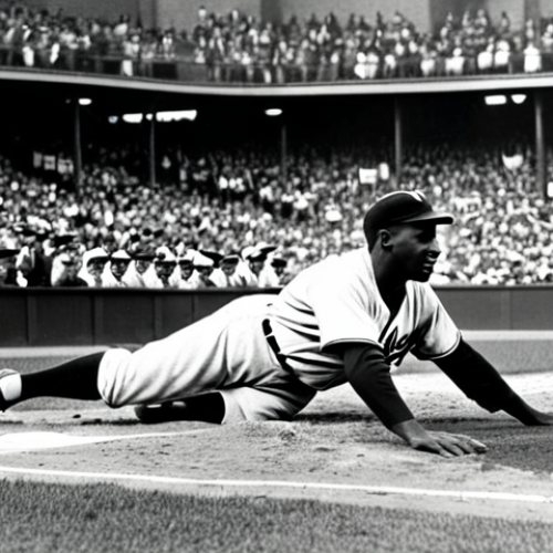 Home 9 Jackie Robinson's Impact**
"A professional, historical photo of Jackie Robinson in his Brooklyn Dodgers uniform, sliding into home base, fully clothed, modest attire, appropriate content, safe for work. The background shows a vintage baseball stadium with a diverse crowd cheering. The style should be reminiscent of a classic baseball card, with perfect anatomy, correct proportions, and natural pose. Black and white photography with a slight sepia tone to convey the era. The image emphasizes Robinson's athleticism and the historical significance of his breaking the color barrier. Professional, family-friendly, high quality."
**