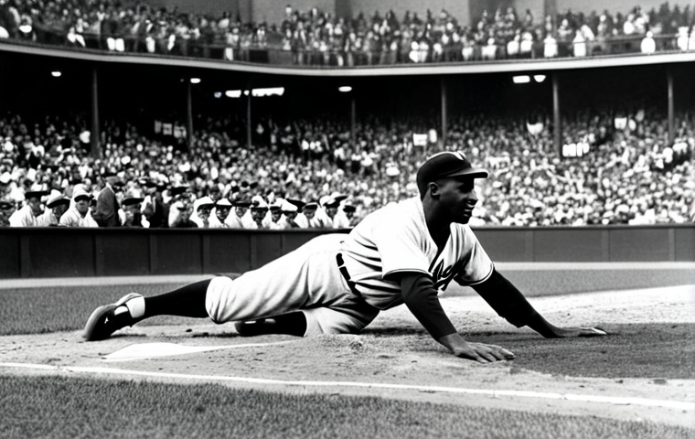 Jackie Robinson's Impact**
"A professional, historical photo of Jackie Robinson in his Brooklyn Dodgers uniform, sliding into home base, fully clothed, modest attire, appropriate content, safe for work. The background shows a vintage baseball stadium with a diverse crowd cheering. The style should be reminiscent of a classic baseball card, with perfect anatomy, correct proportions, and natural pose. Black and white photography with a slight sepia tone to convey the era. The image emphasizes Robinson's athleticism and the historical significance of his breaking the color barrier. Professional, family-friendly, high quality."
**