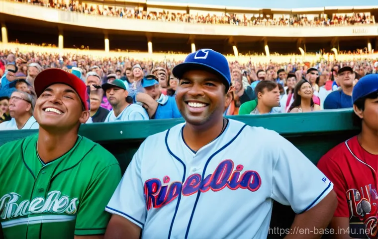 야구 초보자가 알아야 할 용어 - **A diverse group of baseball fans at a vibrant, sunlit ballpark.** Several adults and a young adult...