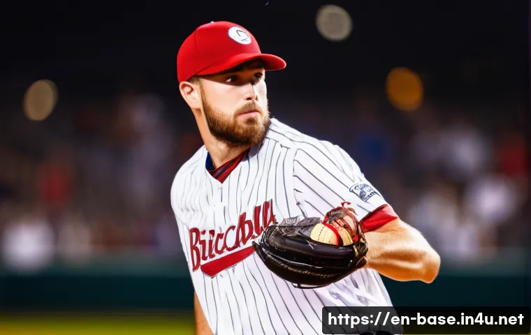 야구 포지션별 필요한 능력 - A dynamic scene of a baseball pitcher on the mound in mid-pitch, focusing on precise control and str...