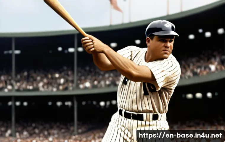 야구 기록 보유자 소개 - A dynamic scene of a legendary baseball slugger hitting a towering home run in a packed vintage stad...