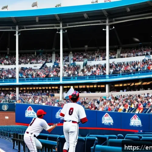 야구에 적합한 날씨 조건 - A vibrant baseball game scene under a bright sunny sky with a gentle breeze visibly rustling flags a...