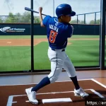야구 연습 효과 극대화 방법 - A focused baseball player practicing swing mechanics in a bright, modern indoor training facility. T...