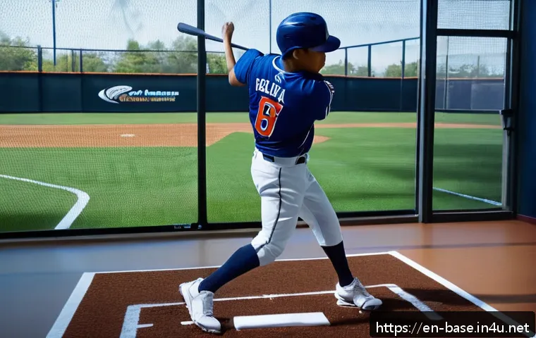 야구 연습 효과 극대화 방법 - A focused baseball player practicing swing mechanics in a bright, modern indoor training facility. T...