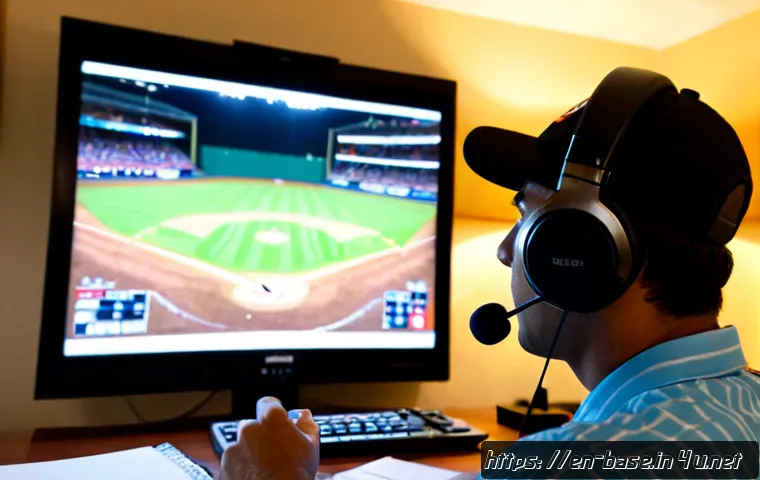 야구 경기 중계 해설 배우기 - Photorealistic aspiring baseball commentator practicing at a tidy home desk, adult wearing headphone...