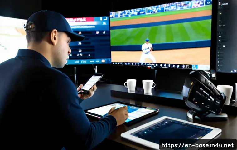 Home 17 야구 관련 최신 뉴스 및 트렌드 - Photorealistic modern baseball newsroom scene, diverse sports journalists reviewing live game footag...