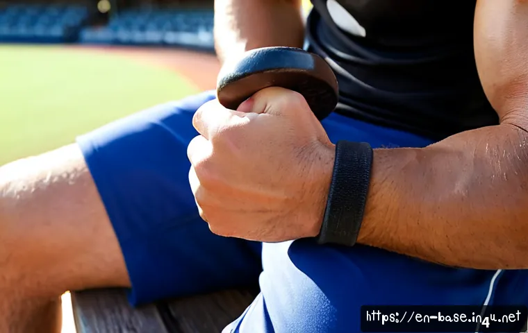 야구 손목 강화 운동 - Photorealistic close-up of an adult amateur baseball player seated on a clean dugout bench, performi...