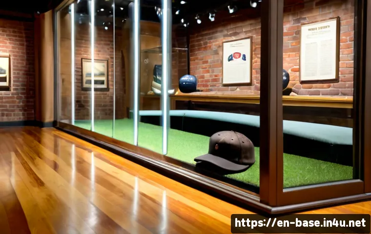 야구 박물관 및 역사적 장소 소개 - Photorealistic interior of a classic American baseball museum, a carefully curated glass display cas...