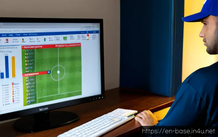 야구 통계 사이트 활용법 - Photorealistic home office scene of an adult baseball fan studying a clean sports statistics website...